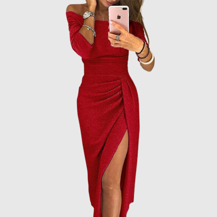 ELINA | OFF-SHOULDER SHIMMER DRESS